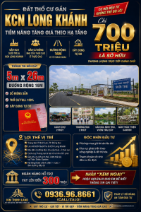 Đất Thổ Cư 5mx26m Gần KCN Long Khánh – Mặt tiền đường 16m. Khu Dân Cư Trung Tâm