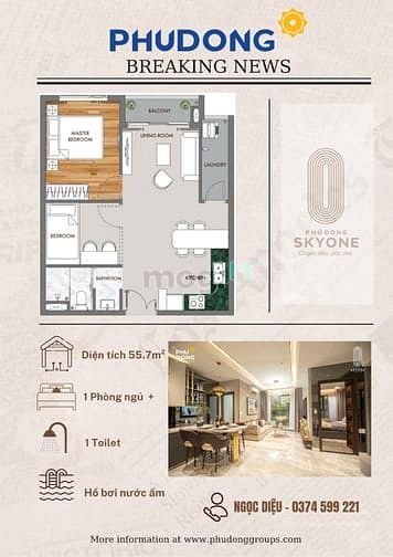 Bán căn hộ chung cư: Căn hộ 1PN 1WC 55.5m2 Phú Đông SkyOne