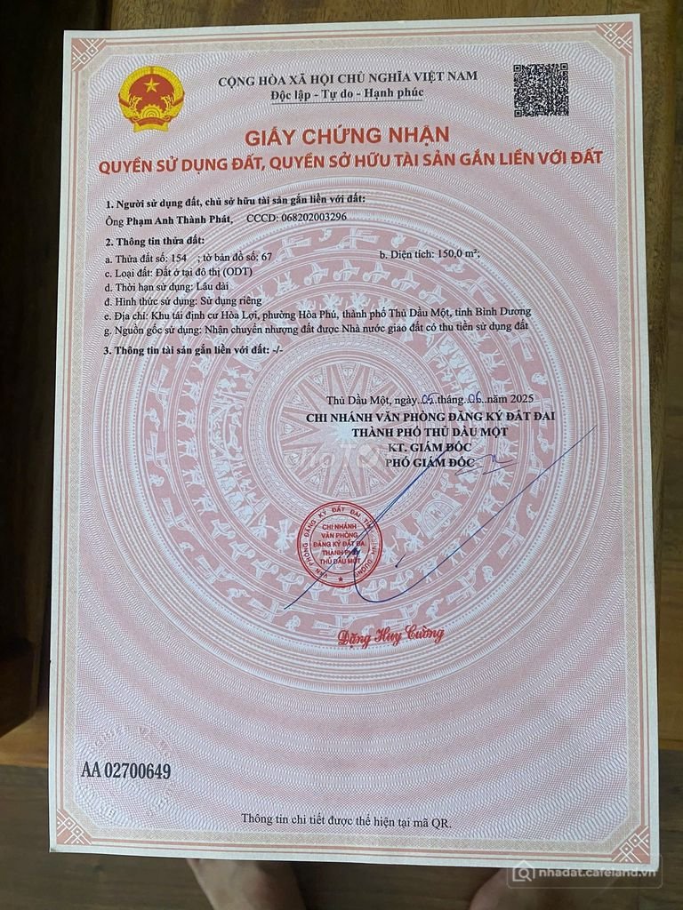 Bán đất thổ cư: Bán đất ODT 150m² Khu TĐC Hòa Lợi – Hòa Phú – Thủ Dầu Một, sổ ri