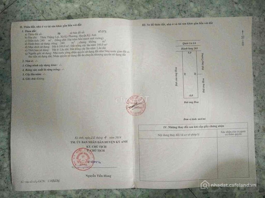 Bán đất thổ cư: Đất MT QL1A (350tr/mét ngang) P. Kỳ Anh, 240m², gần khu KT Vũng 