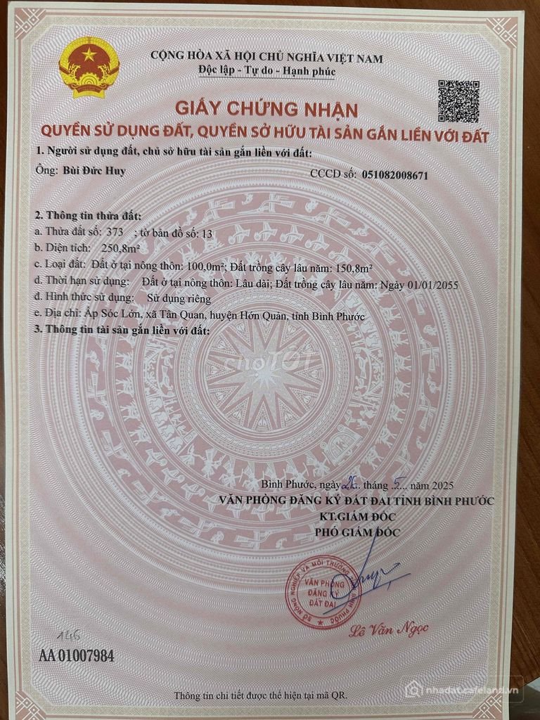 Bán đất thổ cư: Đất thổ cư gần khu dân cư, cách chợ Tân Quan 2km, giá chỉ 205tr