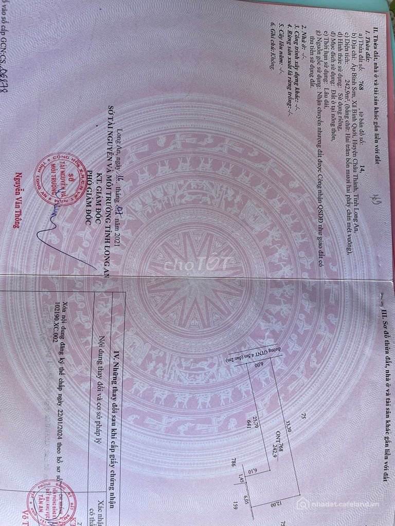 Bán đất thổ cư: Bán đất 240m2 (6x33 nở hậu 12 - chữ L) Long An. Giá 1,5 tỉ.