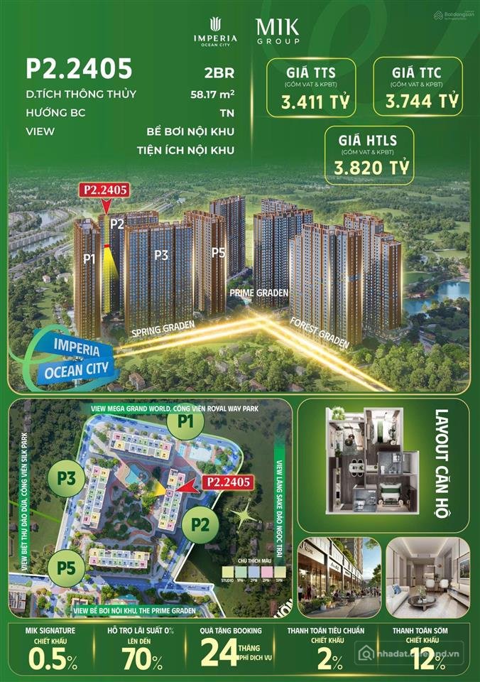 Bán căn hộ chung cư: Bán 2pn 58m2 đẹp giá chỉ từ 3,411 tỷ (giá thanh toán sớm 58