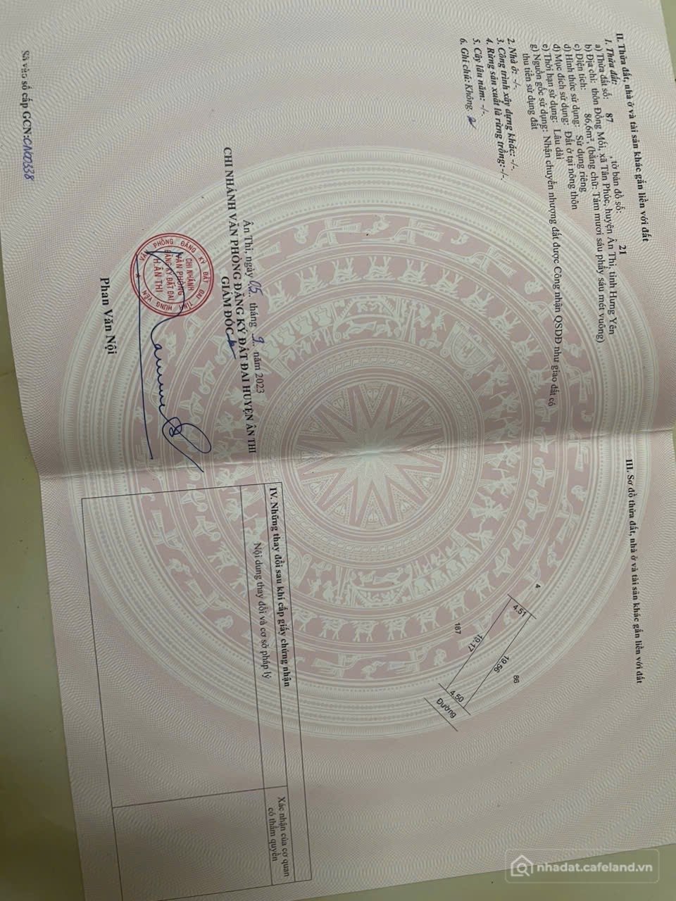 Bán đất thổ cư: 86,6m Đồng Mối - Tân Phúc - Ân Thi