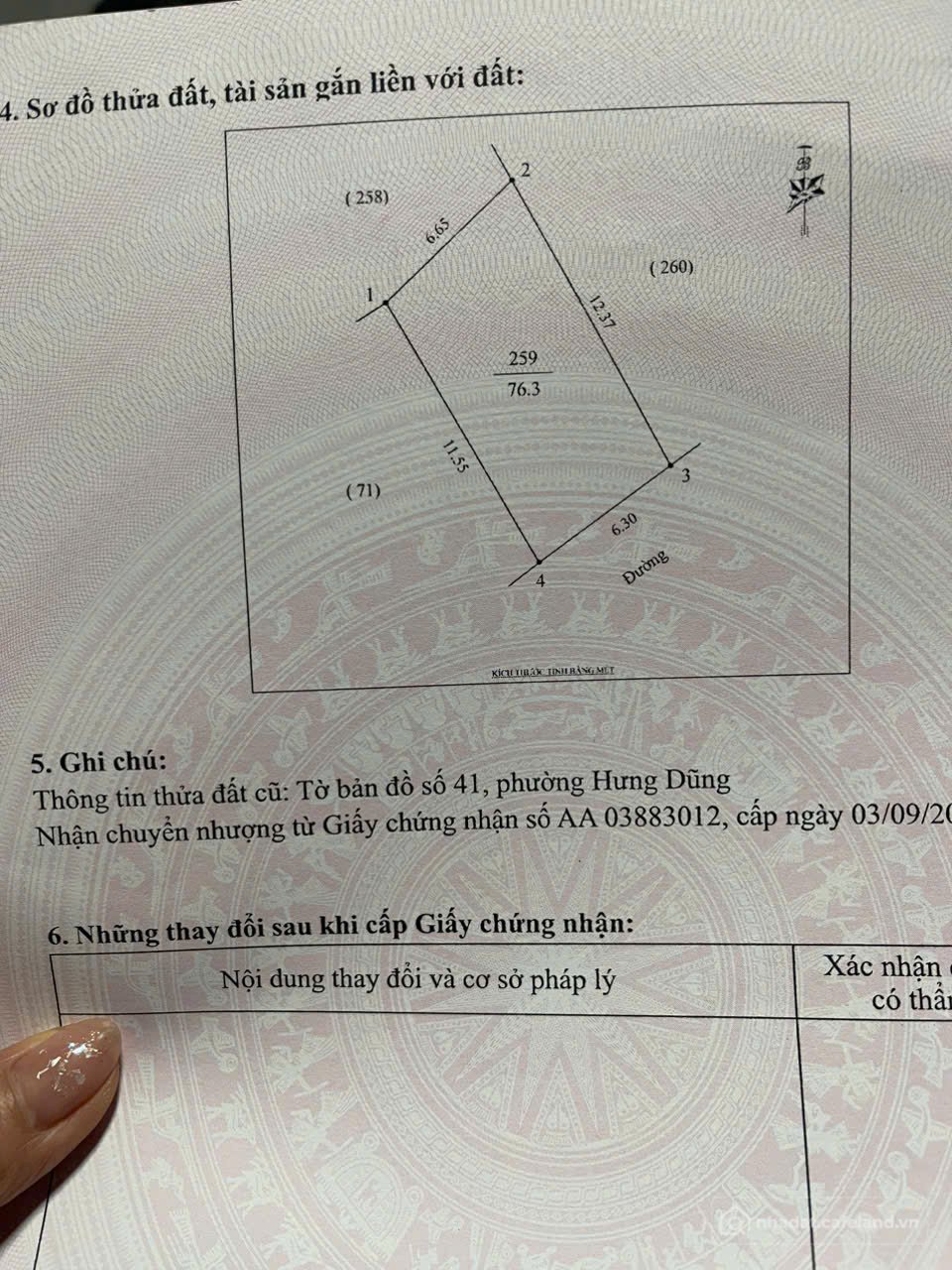 Bán đất thổ cư: Bán 76,3m đất, Mặt tiền : 6,3m.Tại : Hưng Dũng - TP Vinh - Nghệ 