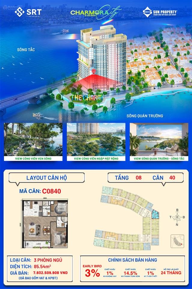 Bán căn hộ chung cư: C0840 3pn tầng 08 the charm charmora city giá 7 tỷ 932 triệ