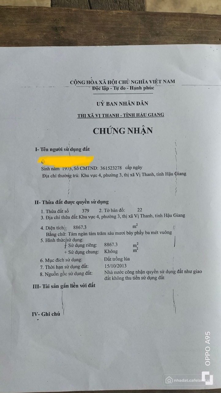 Bán đất thổ cư: Bán đất 8548m² ngang 48,76m giá 3.4 tỷ Phường Vị Thanh
