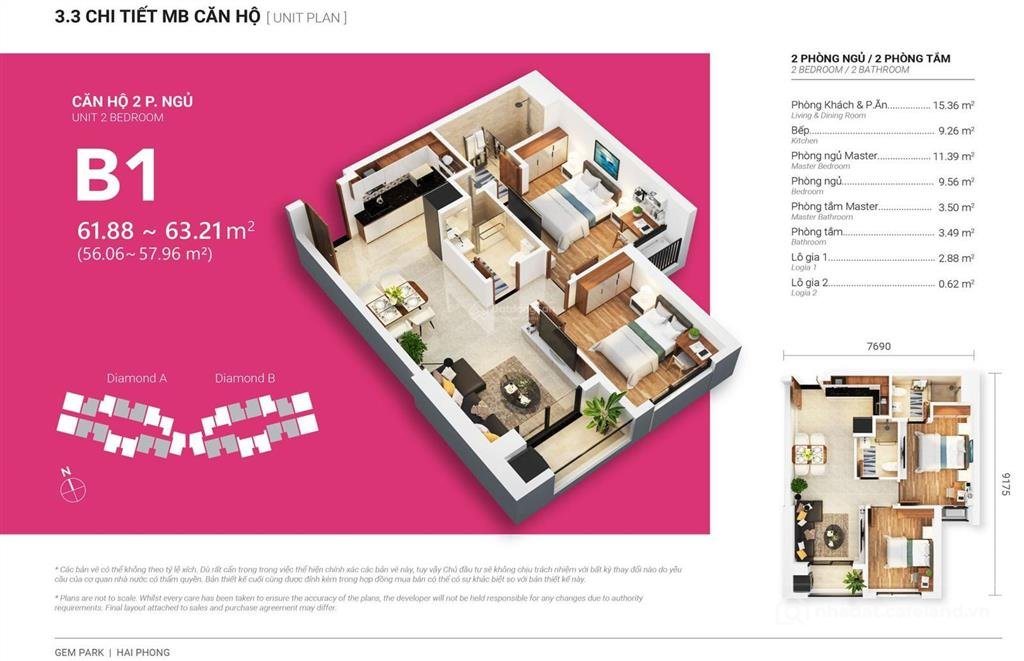 Bán căn hộ chung cư: Căn hộ 2pn gem park hải phòng 57m² view đẹp, giá hấp dẫn ch