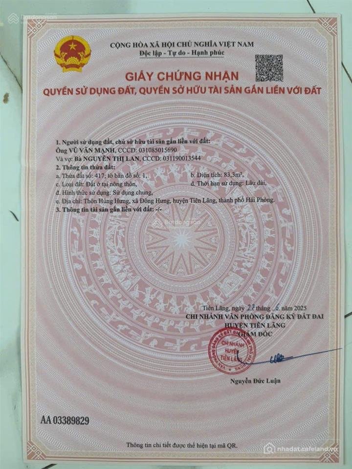 Bán đất thổ cư: Chào đón kcn sân bay tiên lãng, đón cảng nam đồ sơn,mk chính chủ