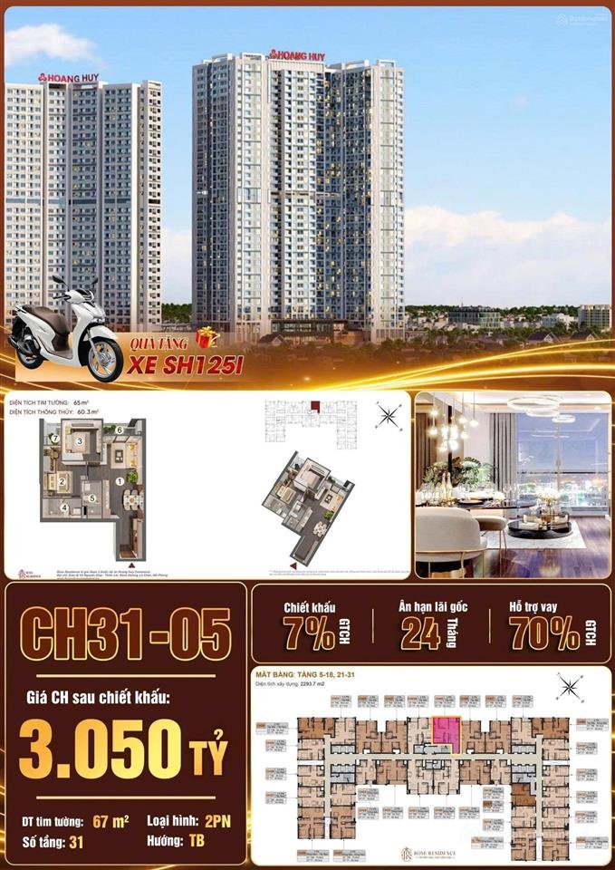 Bán căn hộ chung cư: Căn hộ 2 phòng ngủ 2 wc hoàng huy rose residence 67m2 tầng 