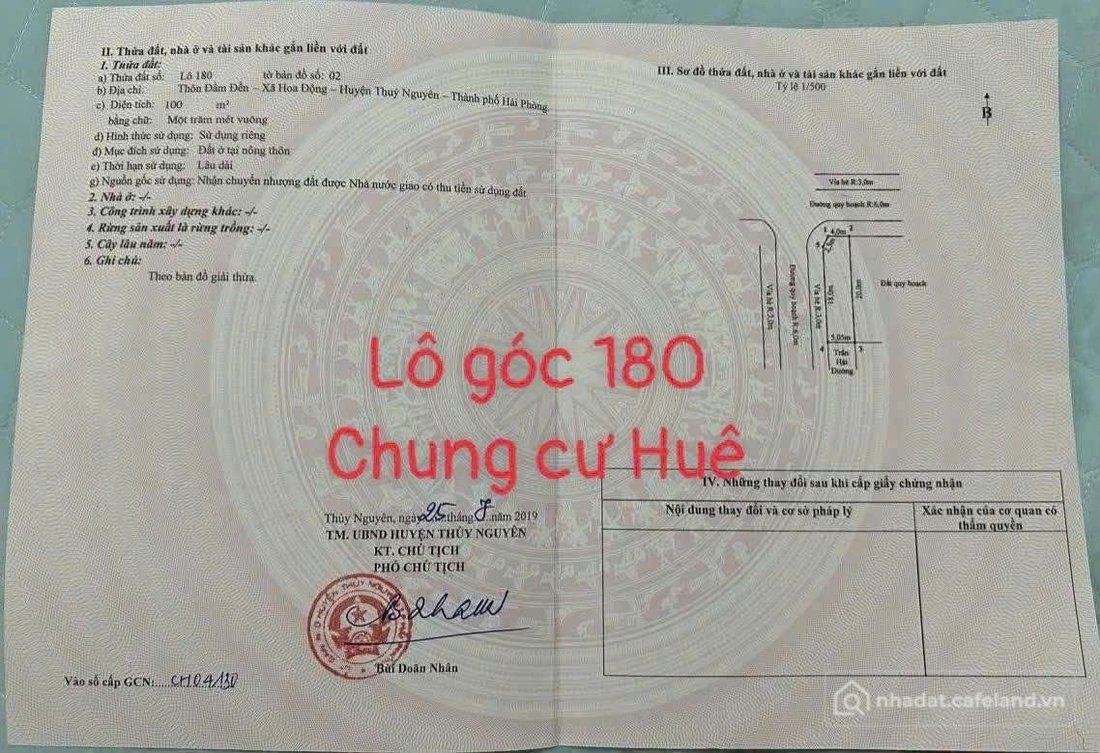 Bán đất thổ cư: Bán 100 m lô góc 180 Chung cư Huê Hoa Động nằm giữa hoàng huy và