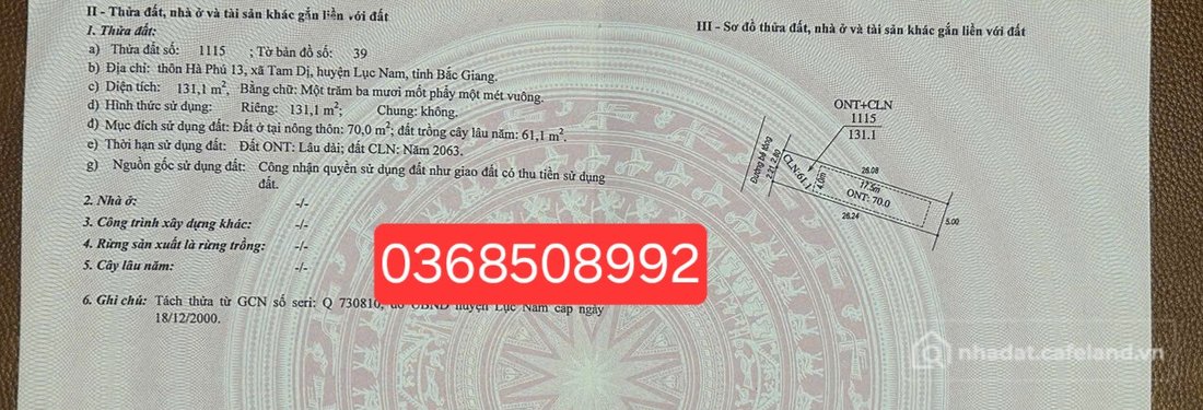 Bán đất thổ cư: Bán đất 131m² ngang 5m giá 740 triệu Xã Bảo Đài