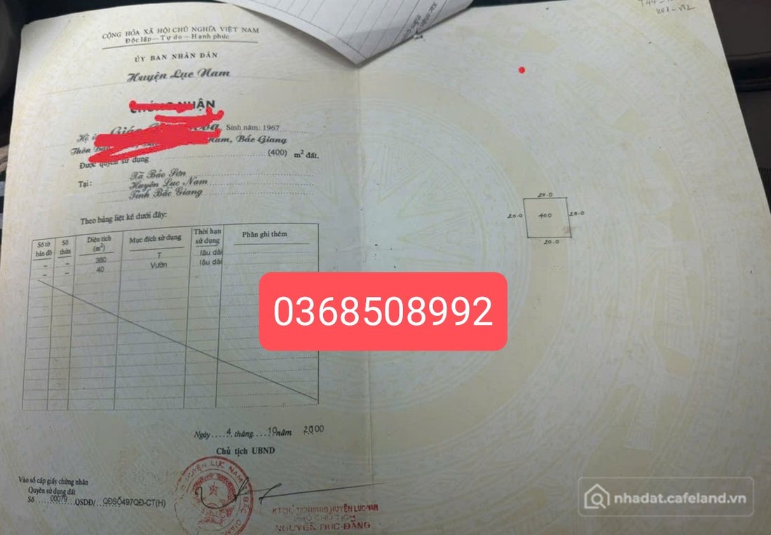 Bán đất thổ cư: Bán đất 400m² ngang 20m giá 1.2 tỷ Xã Bảo Đài