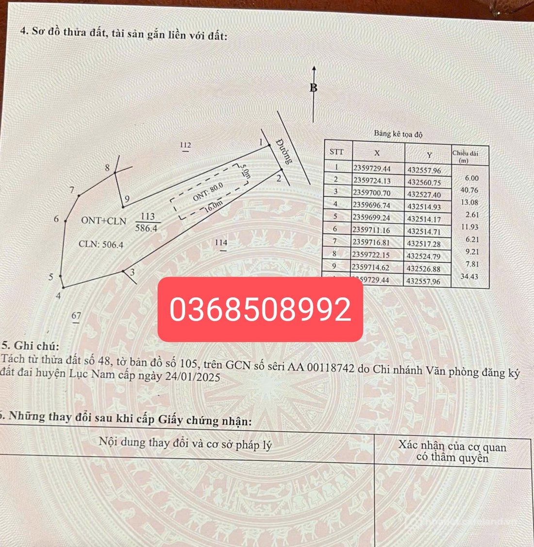 Bán đất thổ cư: Bán đất 586m² có sẵn 80m² thổ cư ngang 6m giá 890 triệu tại Xã B