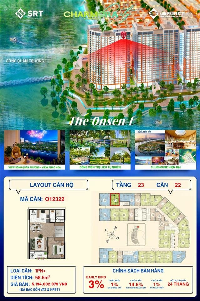 Bán căn hộ chung cư: Căn 1pn+ 58,5m2 tầng 23 the onsen 1 charmora city sun nha t