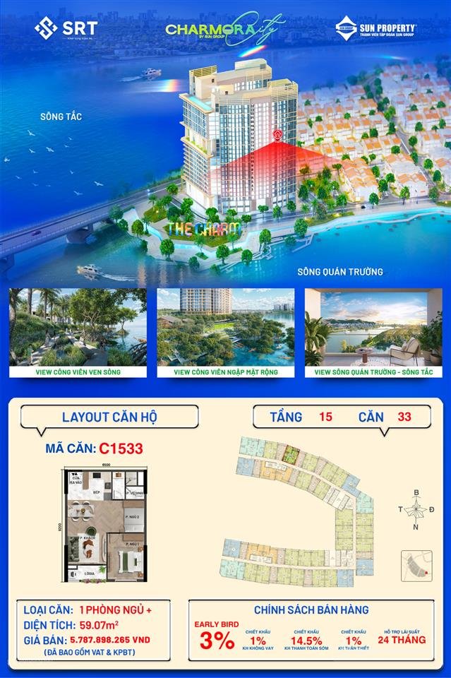 Bán căn hộ chung cư: Ch toà the charm view sông và view pháo hoa giá cđt, tt lin
