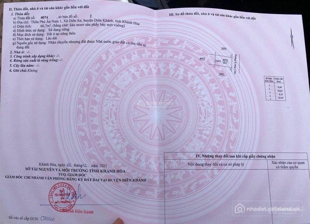 Bán đất thổ cư: Chính chủ gửi bán lô đất vàng an cư phú ân nam 1, diên khánh 66,