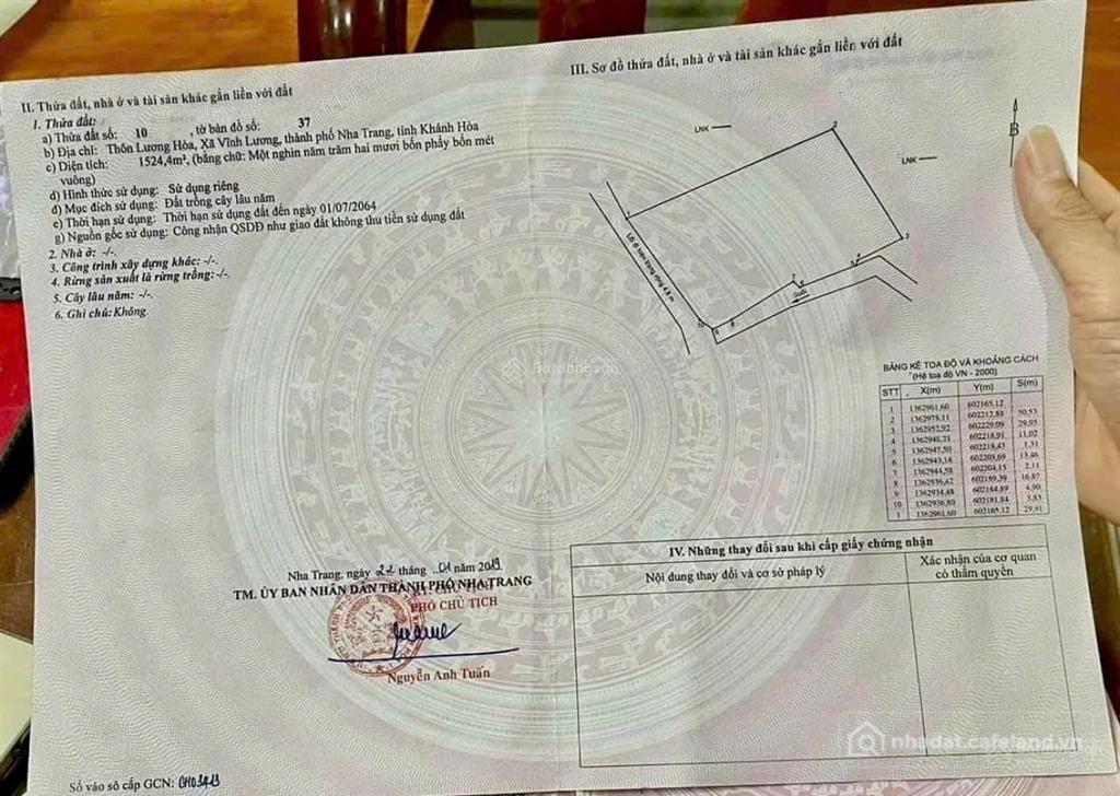 Bán đất thổ cư: Bán đất thôn lương hoà xã vĩnh lương tp. nha trang. dt 1524m2 gi
