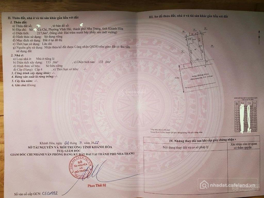 Bán đất thổ cư: Bán đất mt đường củ chi, vĩnh hải, nha trang, dt 217,6m2 (ngang 