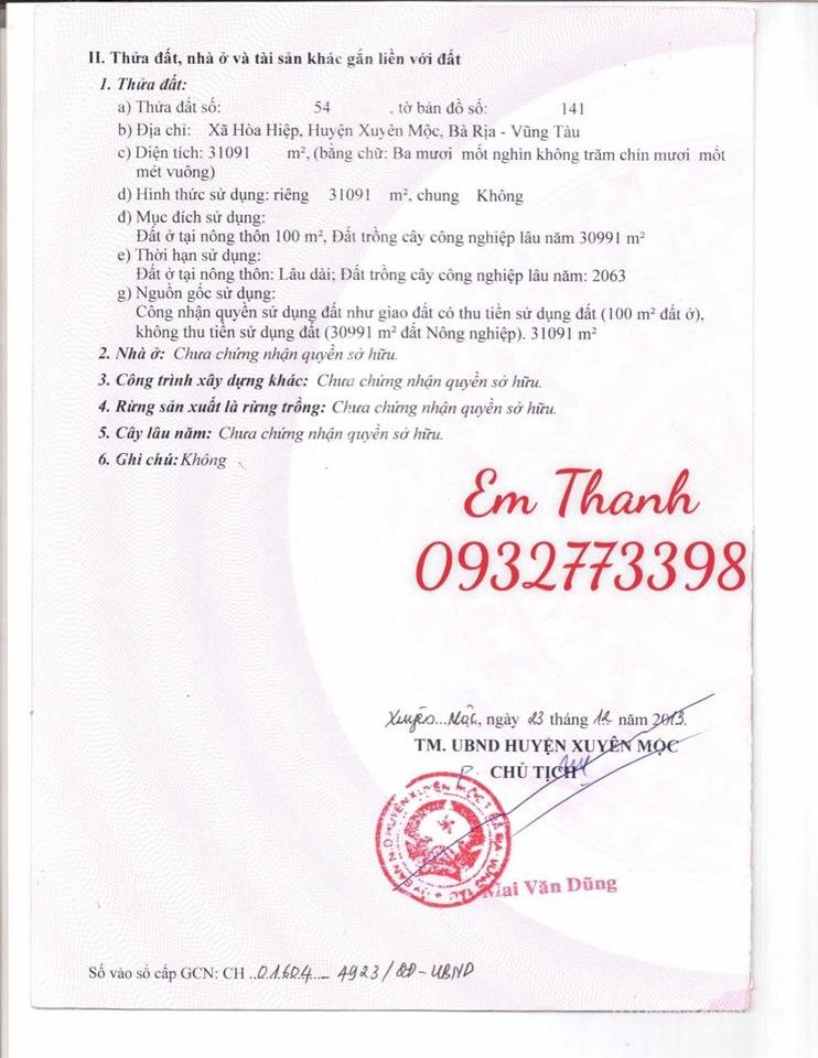 Bán đất thổ cư: Bán đất hiếm tại đường 1, xã hòa hiệp, xuyên mộc, bà rịa vũng tà