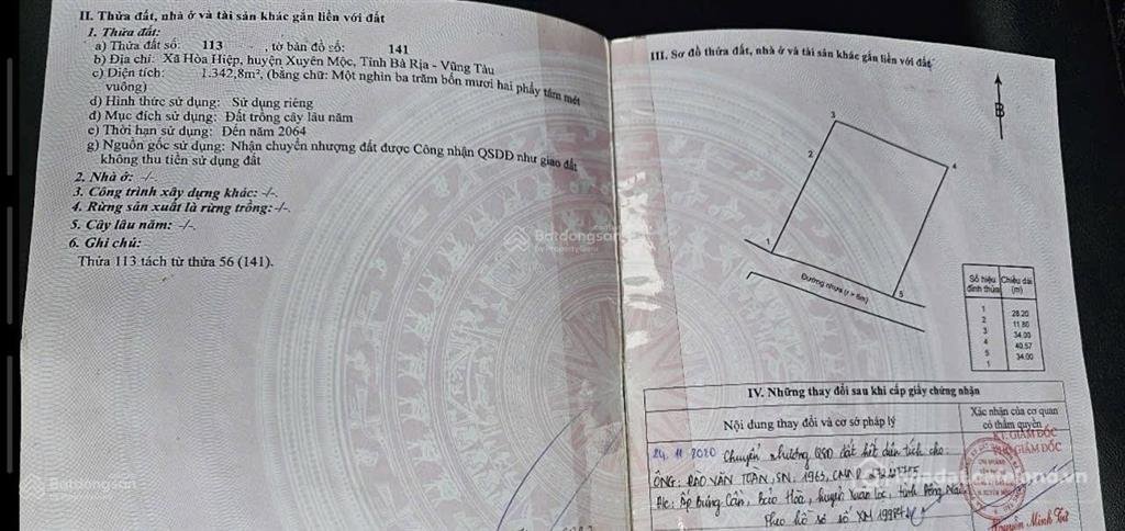 Bán đất thổ cư: Bán đất 3.9 tỷ, 1342m2, xã hoà hiệp, huyện xuyên mộc, bà rịa vũn