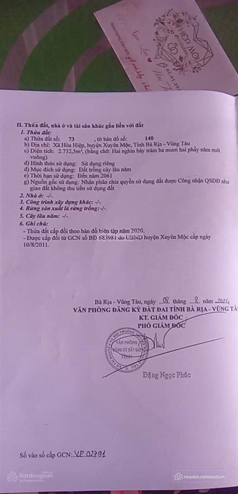 Bán đất thổ cư: Bán đắt 2 mặt tiền hoà hiệp, xuyên mộc dt 2.732m2 giá 4.3 tỷ