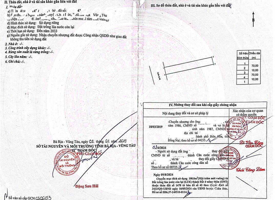 Bán đất thổ cư: Bán đất mặt tiền QL56 đối diện cổng KCN Sonadezi Châu Đức