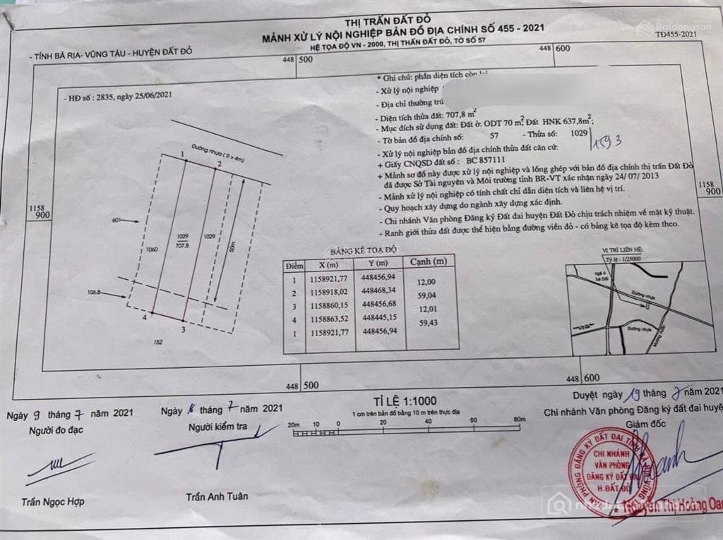 Bán đất thổ cư: Đất mặt tiền nguyễn huệ, thị trấn đất đỏ, 707,8m2 khu dân cư đôn
