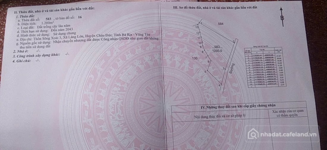 Bán đất thổ cư: Bán đất 1200m² ngang 47m giá 1.2 tỷ Xã Kim Long Châu Đức
