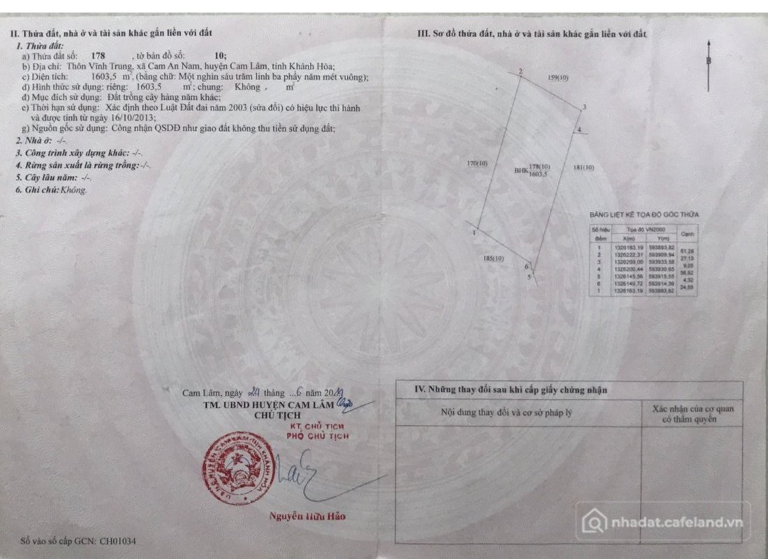 Bán đất thổ cư: Bán đất 1603.5m² Xã Cam An - Khánh Hòa