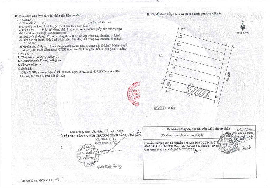 Bán đất thổ cư: Qsdđ thửa đất số 176, tờ bản đồ số 46, địa chỉ xã lộc ngãi, huyệ