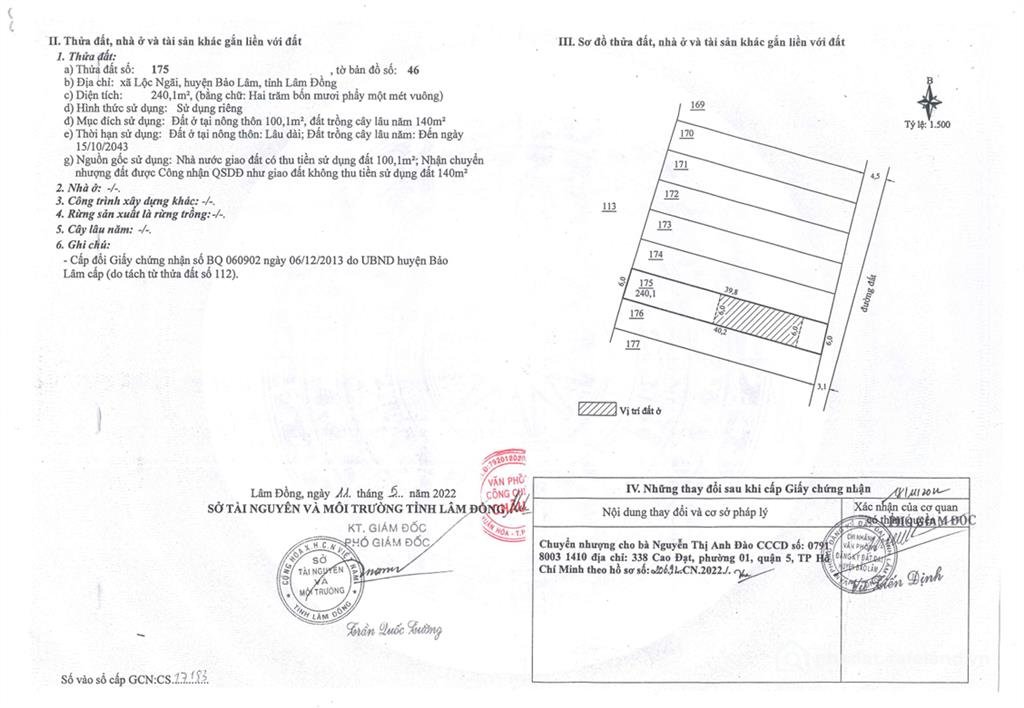 Bán đất thổ cư: Qsdđ thửa đất số 175, tờ bản đồ số 46, địa chỉ xã lộc ngãi, huyệ