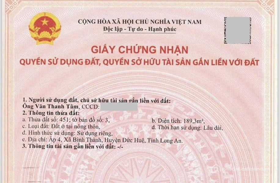 Bán đất thổ cư: Chính chủ không trung gian, 189m2 thổ Long An (550tr) trả trước 