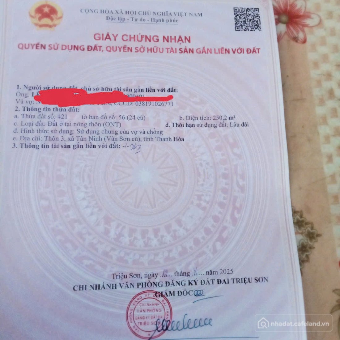 Bán đất thổ cư: 2 lô liền kề sẵn sổ hồng tại thôn 3 Vân Sơn Triệu Sơn.