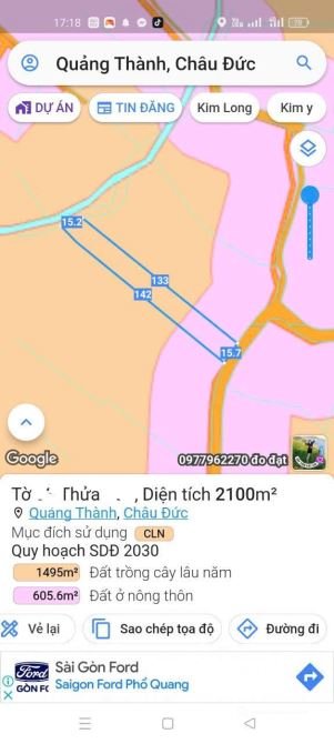 Bán đất thổ cư: BÁN 2100M2 ĐẤT ĐỎ ĐƯỜNG NHỰA TẠI QUẢNG THÀNH CHÂU ĐỨC, GIÁ CHỈ 1