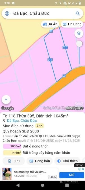 Bán đất thổ cư: BÁN 1000M2 ĐẤT PHỦ HỒNG Ở ĐÁ BẠC CHÂU ĐỨC, NGANG 22M GIÁ 1.35 TỈ