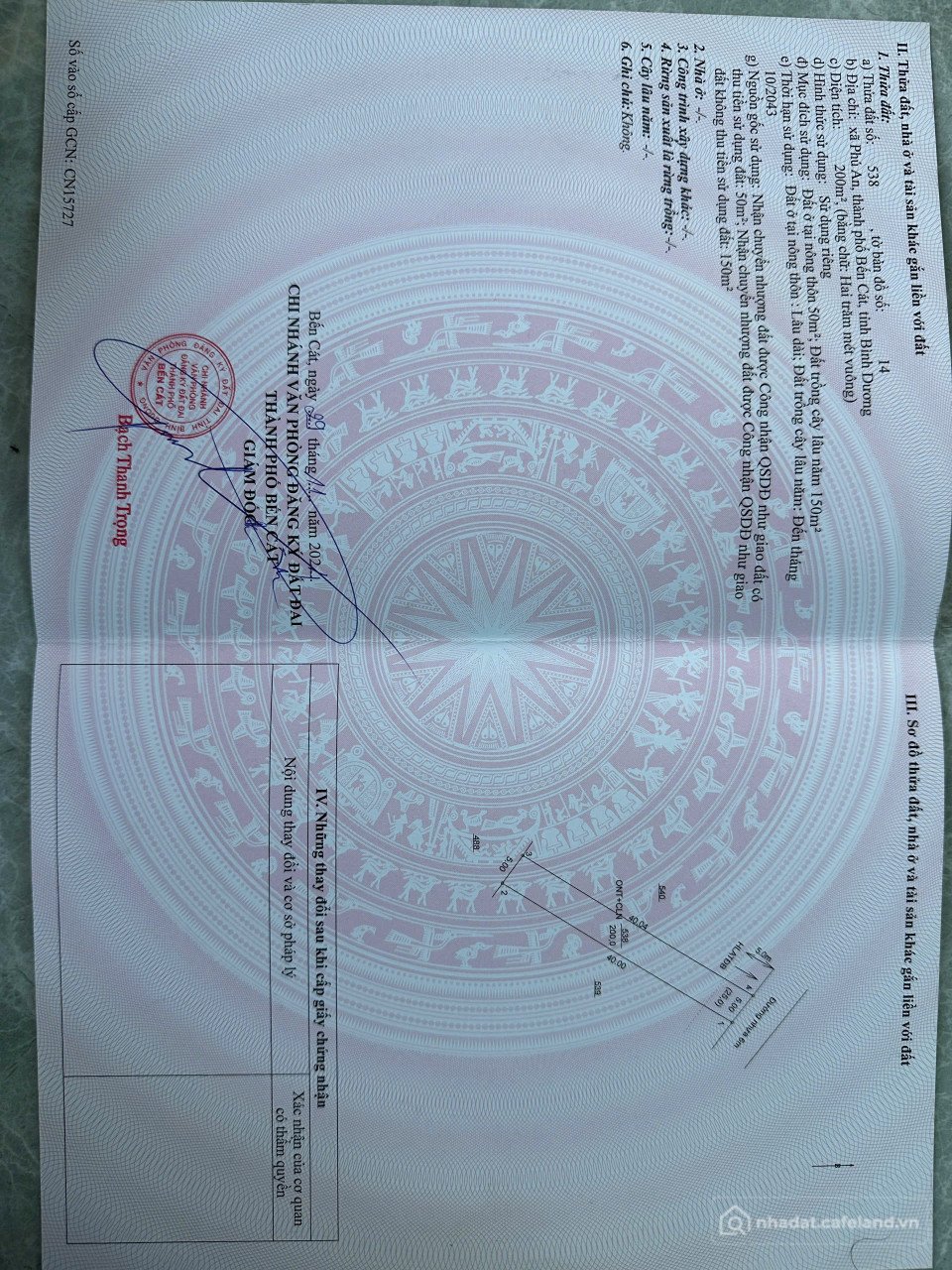 Bán đất thổ cư: Bán đất Phú An Bến Cát gần ngã tư Phú Thứ 200m2 giá 1ty550