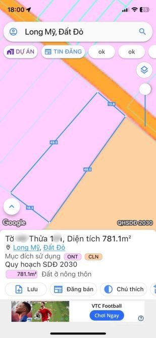Bán đất thổ cư: LONG MỸ PHƯỚC HẢI, 781m2, có 13,5m mặt tiền, nở hậu 18m, 120 thổ