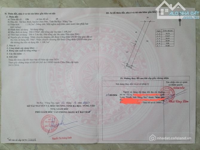 Bán đất thổ cư: 1158M2 ĐẤT SƠN BÌNH CHÂU ĐỨC BRVT GIÁ 2 TỶ 550 TRIỆU