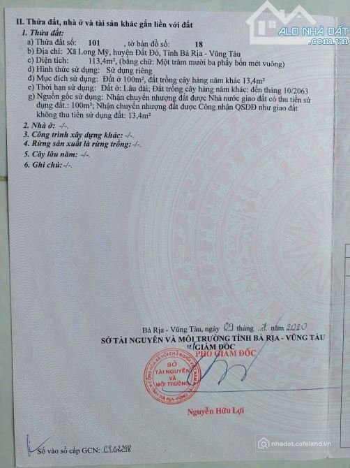 Bán đất thổ cư: ĐỐI DIỆN KHU BIỆT THỰ PHAN GIA PHƯỚC HẢI - LONG ĐẤT-BRVT chỉ 900