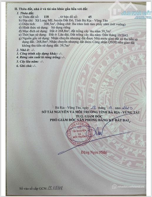 Bán đất thổ cư: BÁN GẤP LÔ ĐẤT GẦN BIỂN PHƯỚC HẢI NGAY DÂN CƯ DIỆN TÍCH 308 MÉT 