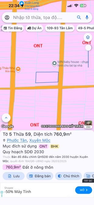 Bán đất thổ cư: Bán đất ngay chợ Cây Điệp Hồ Tràm 761m² có nhà, 250m² thổ cư, gi
