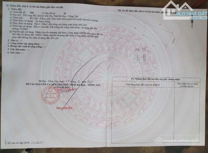 Bán đất thổ cư: THỊ TRẤN PHƯỚC HẢI - LONG ĐẤT- BRVT Dt 841m2 (20x42m) sẵn 150tc