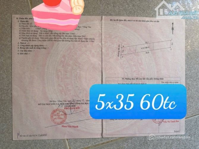 Bán đất thổ cư: Đất thật, sau Tái Định Cư Hắc Dịch 5*35, 60TC, chỉ 122T, Phú Mỹ 