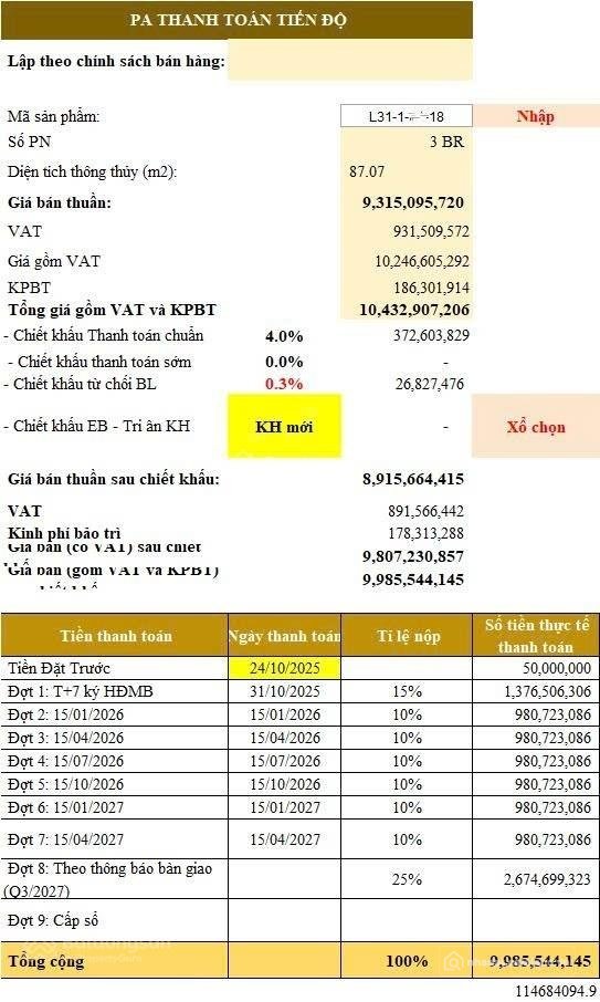 Bán căn hộ chung cư: Chuyển nhượng 3N+ Toà L31-1-04-18 Masteri Orient Pearl tại 