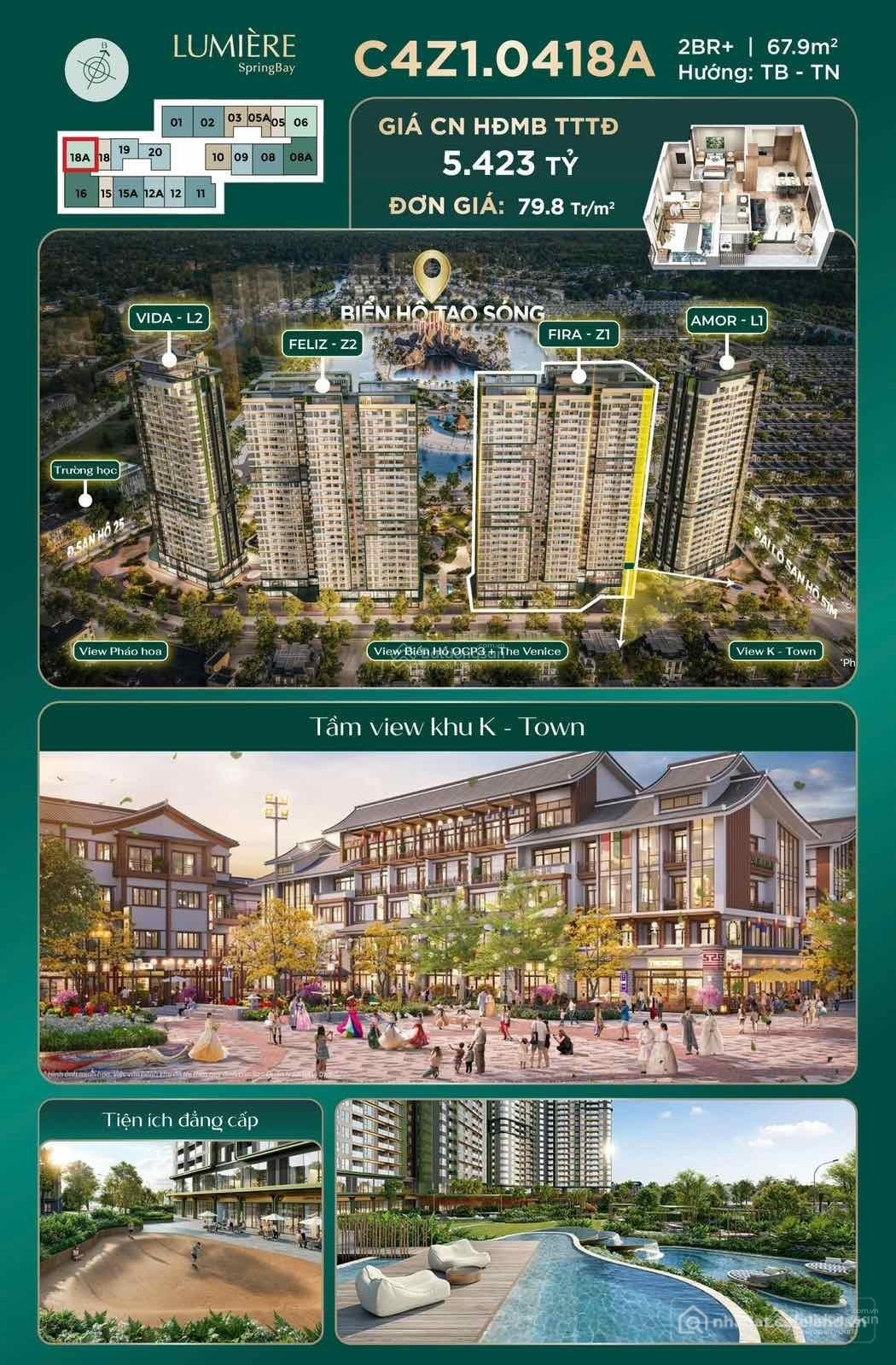 Bán căn hộ chung cư: Căn 2PN + Lumière SpringBay view K - Town Hàng độc quyền Ma