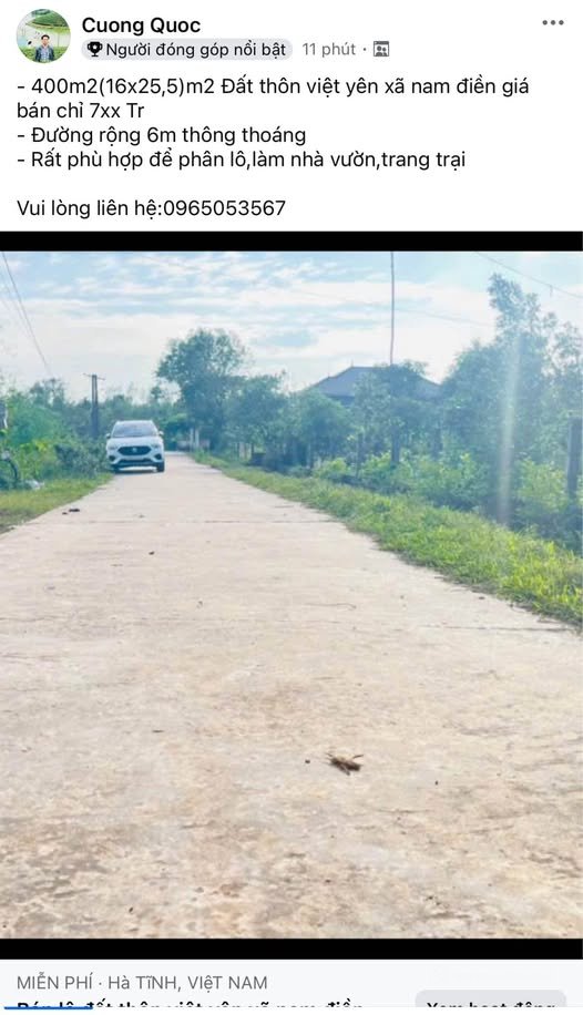 Bán đất thổ cư: Bán 400m2 đất full thổ cư thôn Việt Yên, xã Nam Điền, gần Tỉnh l