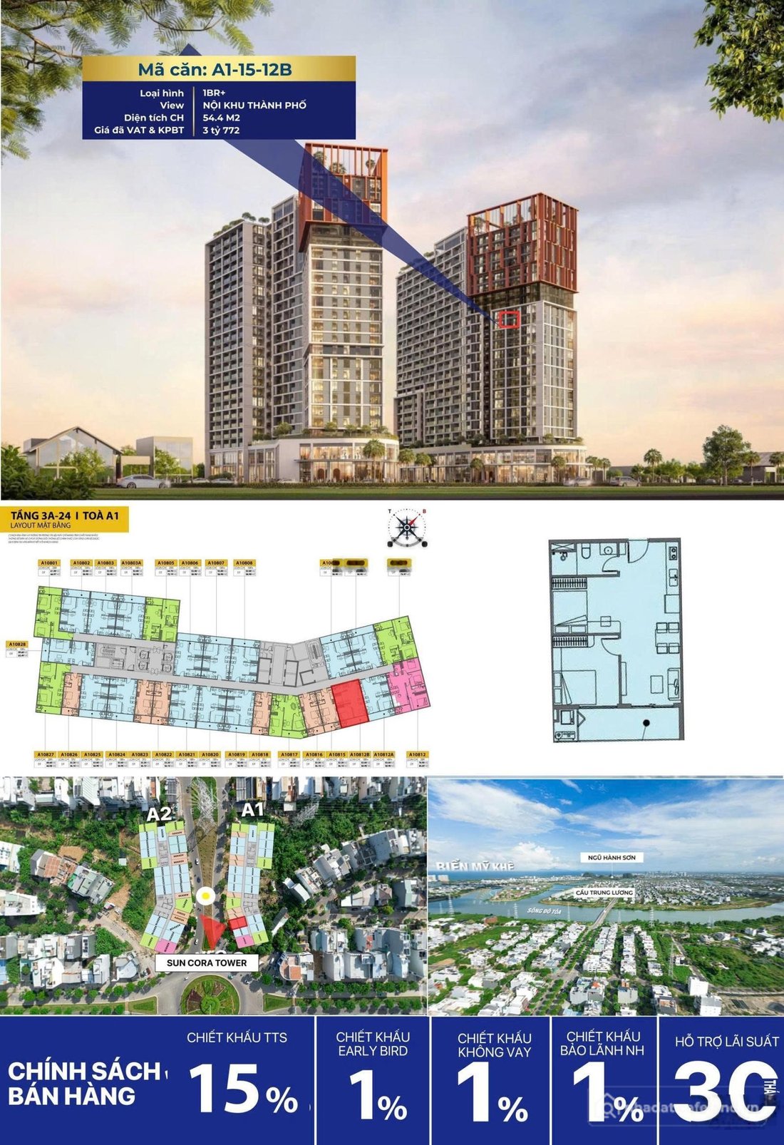 Bán căn hộ chung cư: Bán căn 1br+ sun cora tower đà nẵng - view nội khu & tp - c