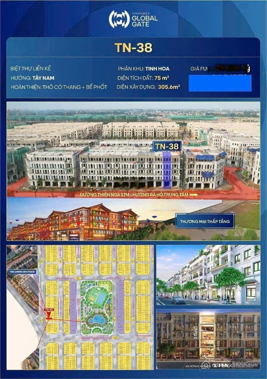 Bán biệt thự: TN-38 đường Thiên Nga 17m, 75m2, Tây Nam, giá 20.3 tỷ, gần hồ Vinh