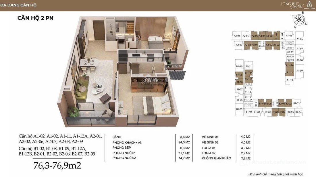 Bán căn hộ chung cư: Bán căn hộ 76 m2 : 2 phòng ngủ Long Biên Central giá 9.8 tỷ